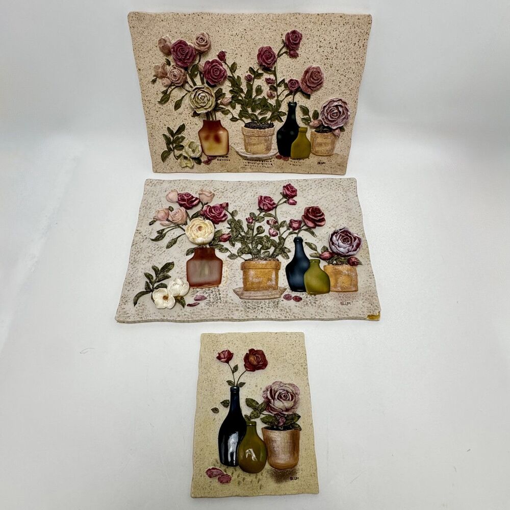 Vintage Cheri Blum 3D Floral Wall Decoration Plaques - Set of 3